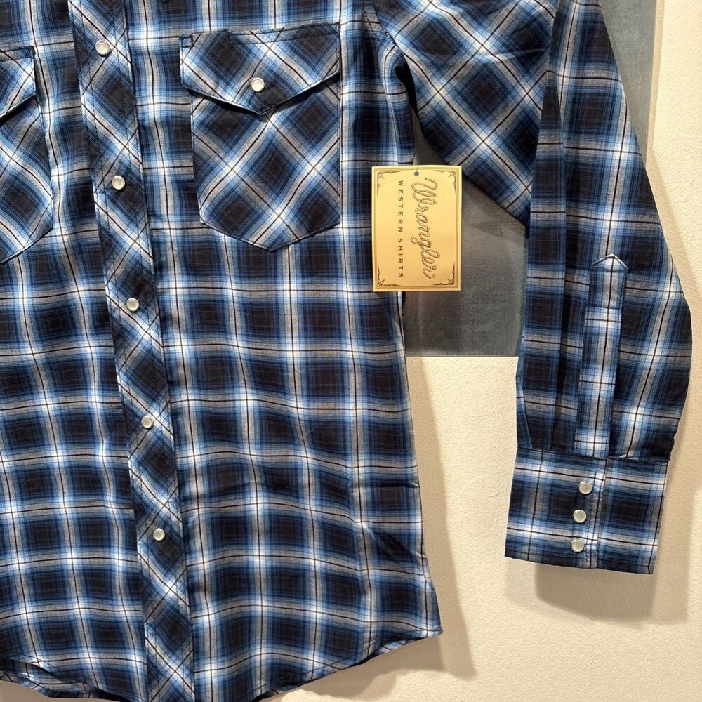 Wrangler Western Pearl Snap Cowboy Long Sleeve Blue/Gray/Black Plaid Shirt S NEW - Picture 12 of 16